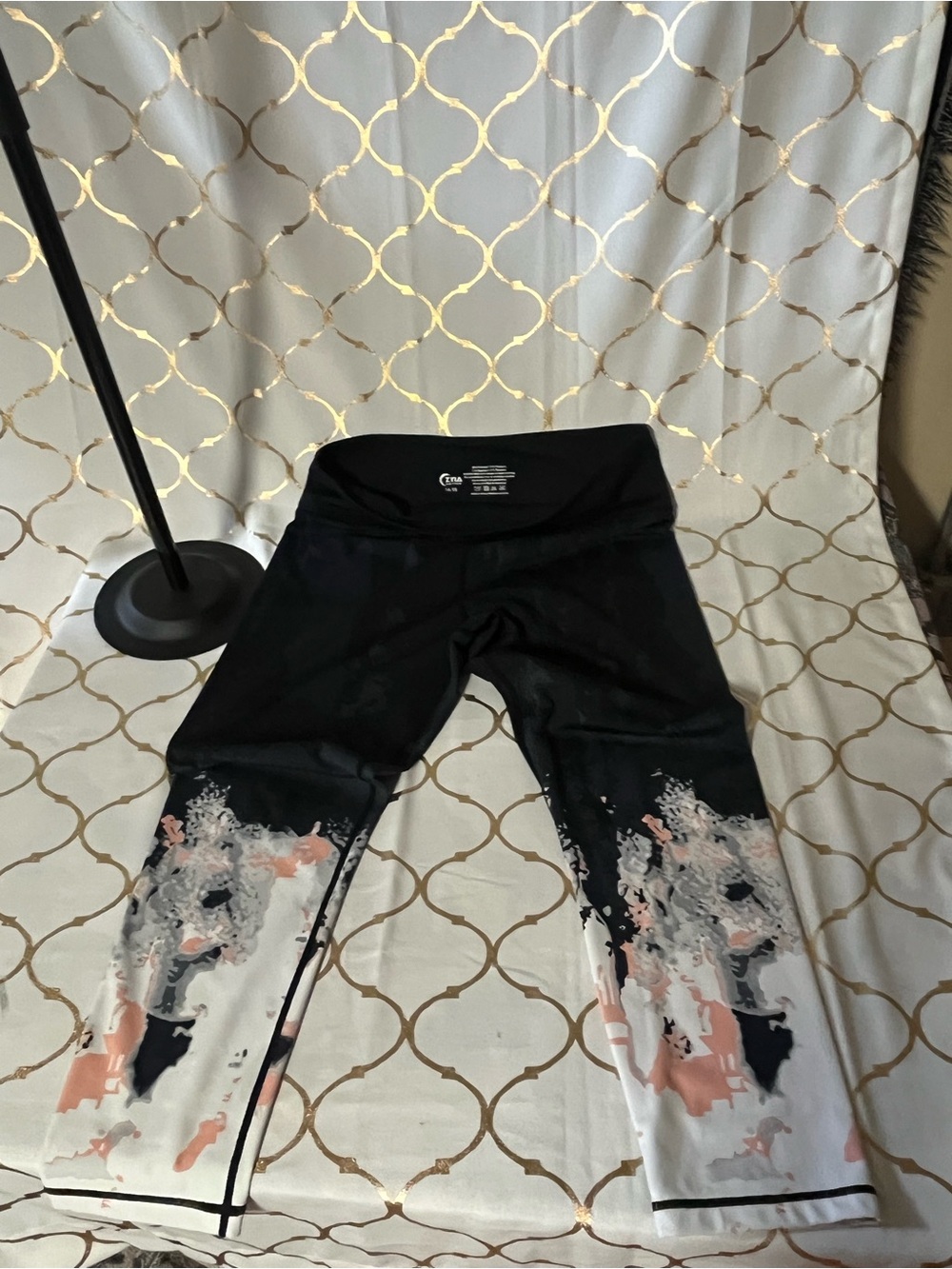 ZYIA Black Leggings with White and Blush Floral Accent